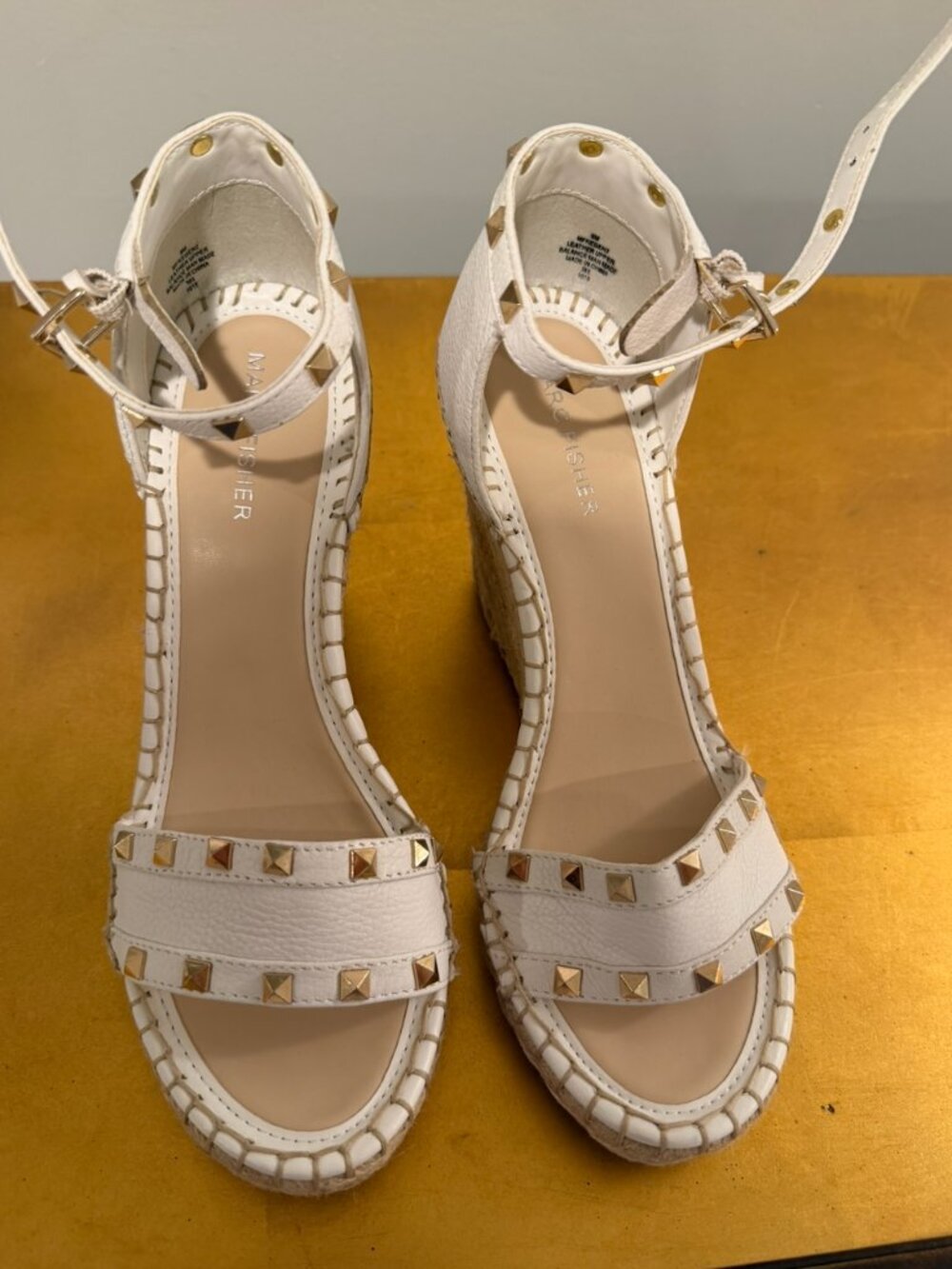 Marc Fisher White Leather Studded Wedge Espadrilles